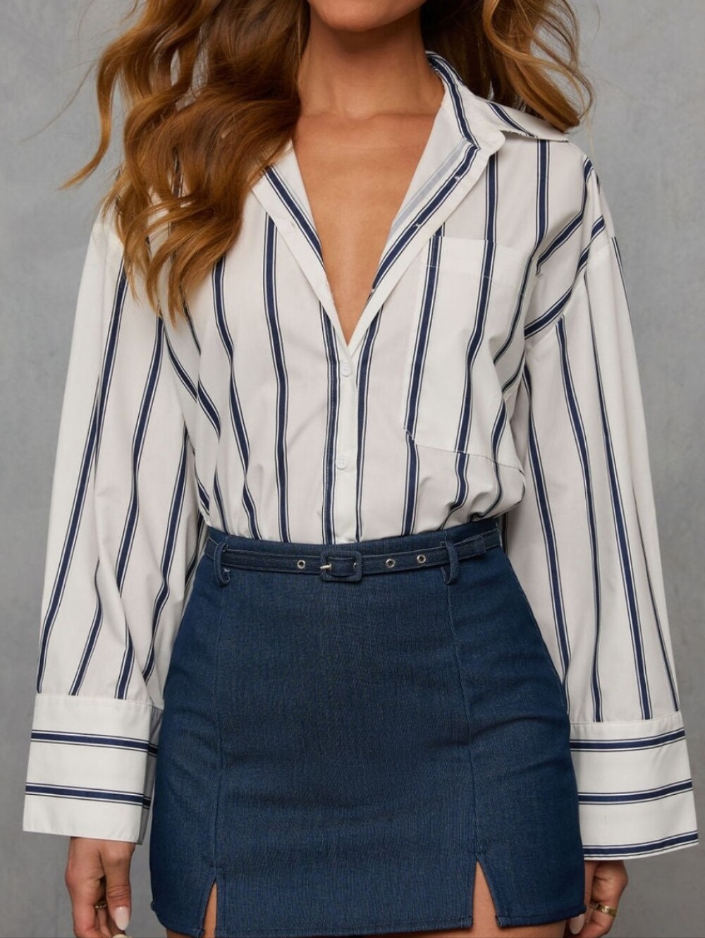 Vici Striped V-Neck Button Front Blouse - White/Navy-oversized